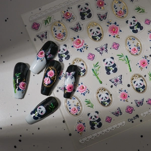 5D Relief Nagel Aufkleber Panda Bambus Blume Schmetterling Chinesischer Stil Wasserfest Selbstklebend Maniküre Dekoration