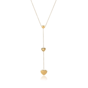 Elegant 18K gold stainless steel Y-necklace featuring three heart-shaped pendants on white