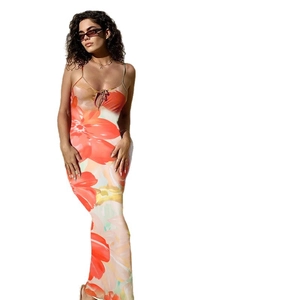Sexy rückenfreies Bodycon-Maxikleid mit großem Blumendruck in Orange und Cremetönen