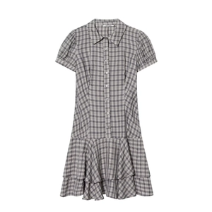 Women Plaid Mini Dress Gingham Short Sleeve Lapel Collar Button Down Layered Ruffle Hem Slim Fit Casual Summer Dress