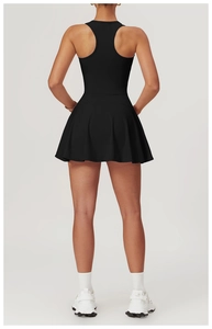 Rear view of black racerback sports dress with A-line skirt for tennis and fitness