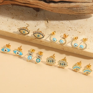 Exquisite Copper Zirconia Evil Eye Stud Earrings For Women Trendy Gold Plated Enamel Cat Moon Shape Small Fashion Jewelry