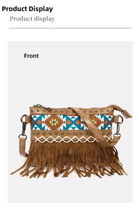 Front view of a brown tassel crossbody bag with colorful woven patterns and metal rivets