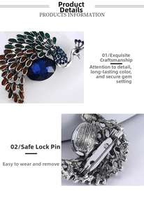 Détails de broche paon avec strass bleus et mécanisme de fermeture sécurisé