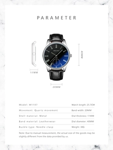 Technical dimensions of the MREURIO business quartz watch with blue gradient dial face