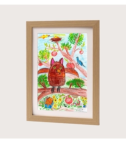 Detail of child artwork storage frame showing natural wood grain and colorful owl painting