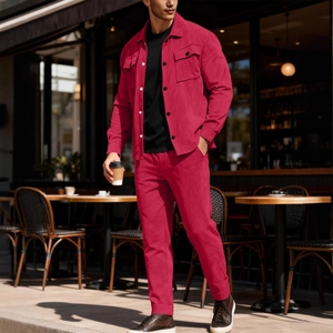 Red corduroy two-piece casual suit for men featuring a lapel jacket and matching pants