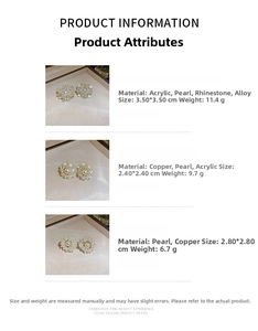 Detailed product dimensions and specifications for pearl floral and cluster stud earrings