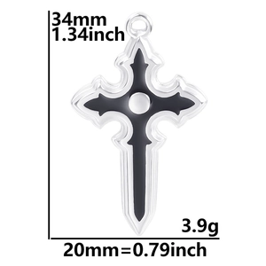 Macro shot showing dimensions of gothic black and silver stainless steel cross pendant
