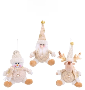 Detail of cream plush Christmas ornaments showing Santa, Snowman and Reindeer figurines