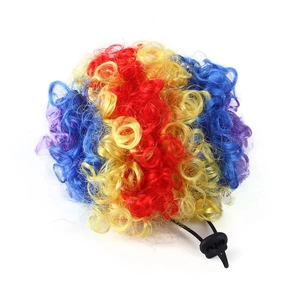 Vibrant rainbow afro pet wig for dogs and cats with adjustable cord on white background