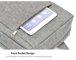 Close-up of front hidden zipper pocket on grey backpack holding a digital tablet