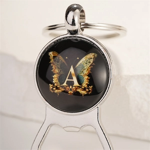 European luxury silver metal bottle opener keychain with golden butterfly letter A design
