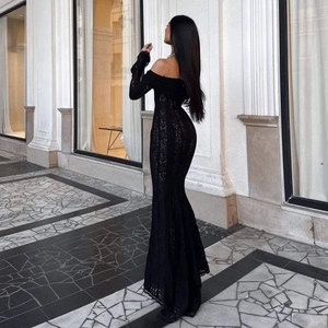 Elegant black lace off-shoulder fishtail dress with long flared sleeves for formal evening wear