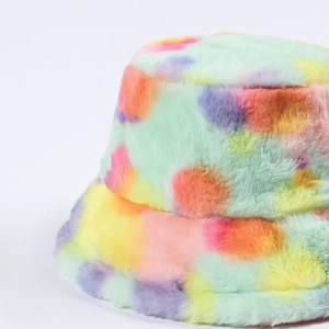 Colorful tie-dye plush bucket hat in macaron shades for winter warmth and fashion