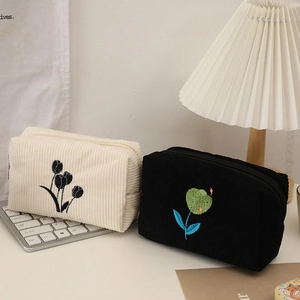 Ins style corduroy makeup bag with tulip flower embroidery in cream and black colors