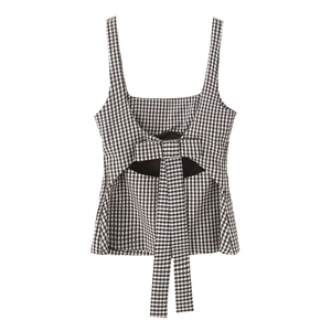 Women's plaid tank top in coffee and white featuring back bow-tie and open back design