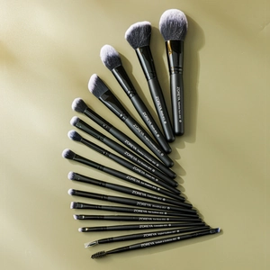 Detailed fan-shaped layout of a 14-piece professional black and silver makeup brush set