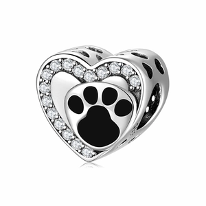 S925 Sterling Silver Heart Bead Charm With Black Enamel Dog Paw Print And Clear Zirconia For DIY Jewelry Making