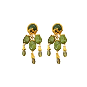 Vintage style gold earrings with emerald green gemstone tassels and circle studs