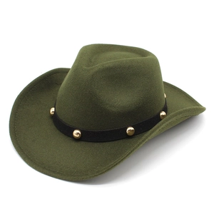 Detail of olive green wool felt cowboy hat with black leather band and gold studs