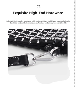 Close-up of polished silver hardware hook and rhinestone lattice texture on black bag