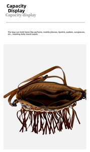 Capacity display of the brown tassel crossbody bag showing spacious interior and pockets