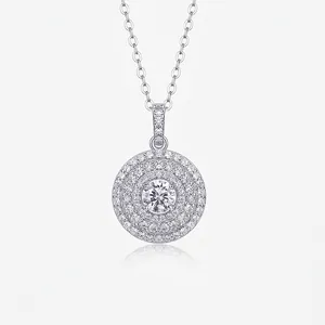 Luxury 925 Sterling Silver Moissanite Pendant Necklace Round Halo Full Pave Inlaid Fashion Jewelry For Women Wedding Gift