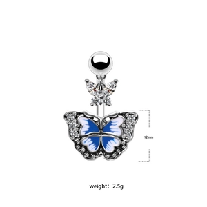 Detail view of silver butterfly belly ring with blue enamel and white zircon stones