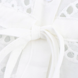 Elegant white French style blouse with hollow embroidery floral lace and waist tie