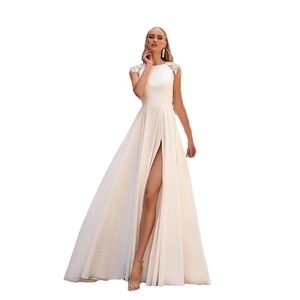 White satin off-shoulder mermaid wedding dress with lace details and a high slit