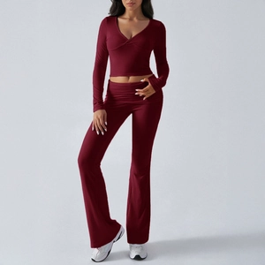 Women V-Neck Long Sleeve Crop Top And High Waist Flare Pants Polyester Spandex Casual Yoga Slim Fit Ribbed