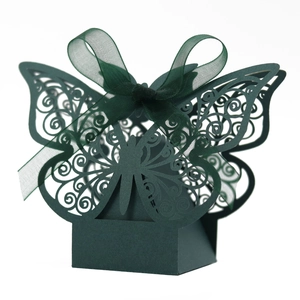 Dark green hollow laser-cut butterfly favor box with elegant matching organza ribbon bow