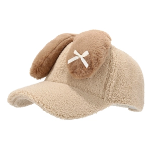 Casquette en peluche beige avec oreilles de lapin marron et nœud blanc pour l'hiver