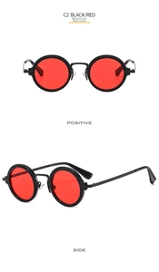 Detail of round punk sunglasses with black frames and bright red lenses from multiple angles
