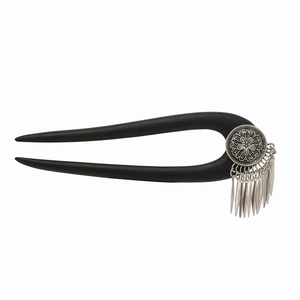 Handcrafted ebony U-shaped hair stick with silver floral disc and dangling tassels