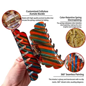 Large colorful acetate shell hair claw clip with striped pattern and metal spring