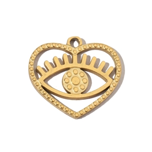 Detailed close-up of golden heart-shaped pendant with eye motif and dotted edges