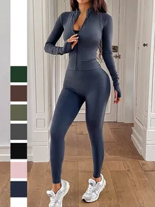 Tenues De Yoga Pour Femmes Veste À Fermeture Éclair À Manches Longues Et Leggings Taille Haute Trous Pour Les Pouces