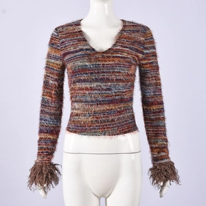 Detail view of the colorful striped knit sweater with faux fur trim on cuffs