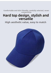 Detail view of deep blue baseball cap showing firm top structure and breathable eyelets