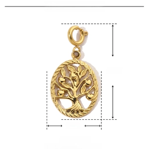 Technical dimensions of gold tree of life stainless steel pendant charm 24mm x 12mm