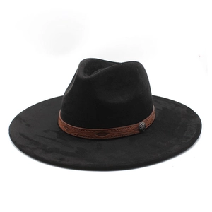 Black wide brim faux suede fedora hat with brown embossed leather band and metal buckle