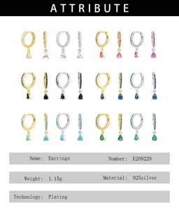 Detailed chart showing S925 silver teardrop earrings in multiple colors and specifications