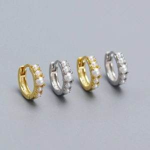 925 Sterling Silver Artificial Pearl Hoop Earrings Geometric Round Small Huggie Ear Jewelry For Women