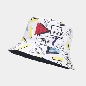 Detail of 3D printed reversible bucket hat with vibrant Memphis style geometric patterns