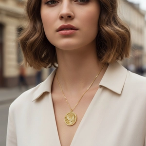 Close-up of a gold hollow eagle pendant necklace worn by a model in outdoor lighting
