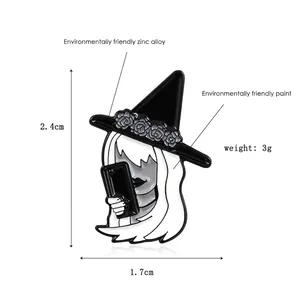 Detailed view of enamel witch girl brooch with dimensions 2.4cm by 1.7cm in zinc alloy