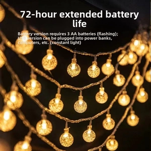 Detail of warm yellow LED crystal ball lights with USB and battery power options