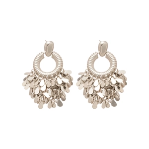 Silver geometric leaf fringe tassel drop earrings with shimmering metallic finish style